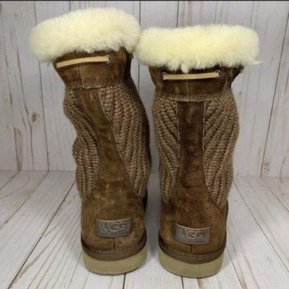 Ugg cable knit sweater shearling lined sz 5 brown boots - Picture 3 of 7